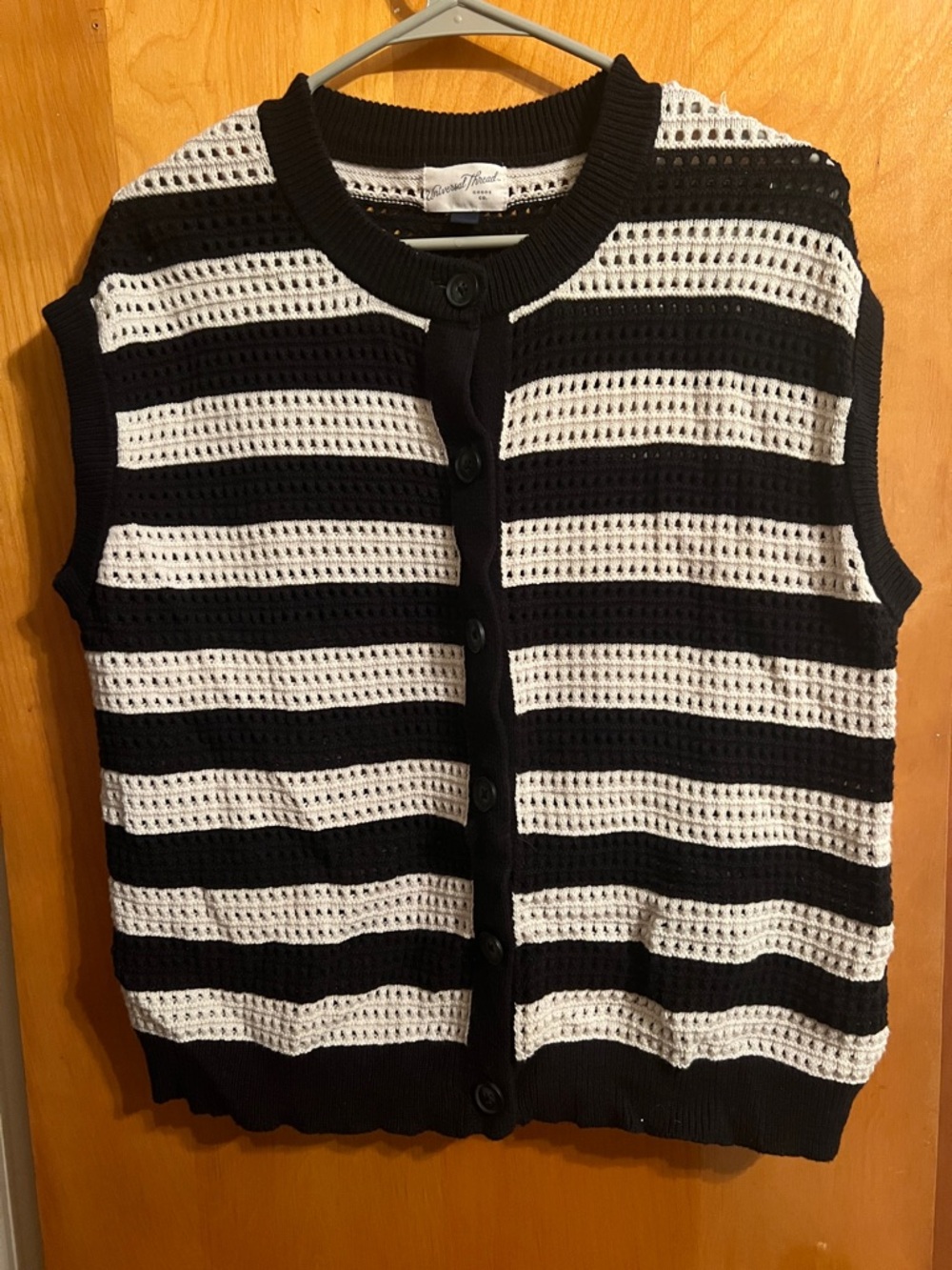 Universal Thread Black and White Striped Crochet Knit Button Front Vest